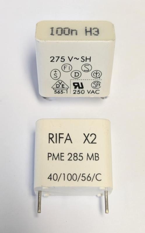 Kondensator 0,1uF 275V x 2 Polyester PME285MB Rifa 