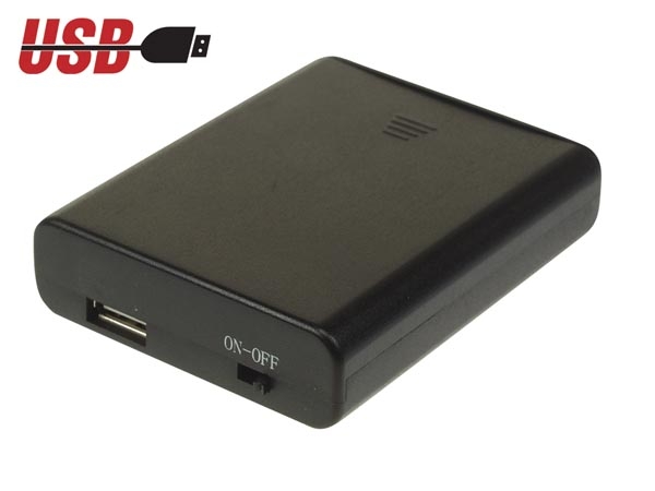 Batterihållare, 4 x R6 (AA) med USB-kontakt & switch