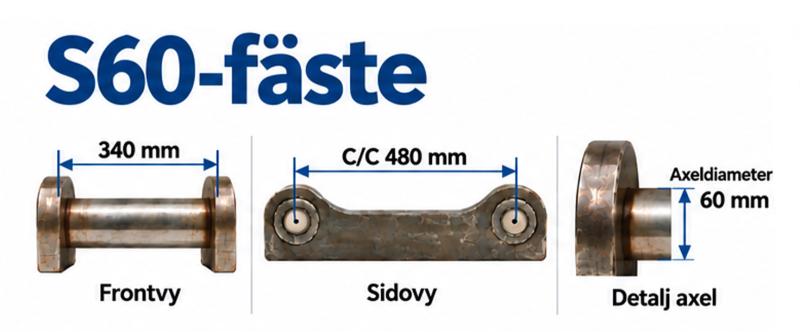S60-fäste mått – 340 mm bredd, 480 mm C/C och 60 mm axeldiameter