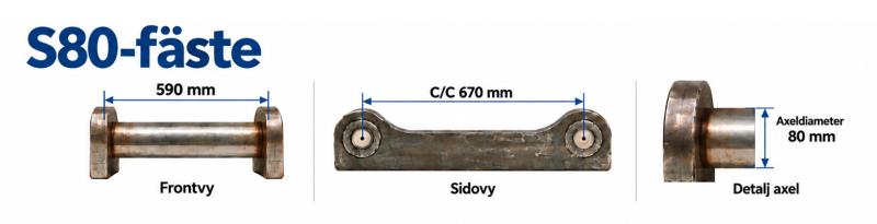 S80-fäste mått – 590 mm bredd, 670 mm C/C och 80 mm axeldiameter