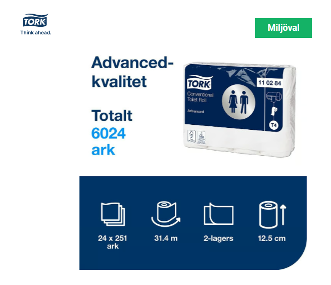 Toalettpapper Tork T4 Advanced, 2-lager, Vit, 31,4 m – 24 rullar