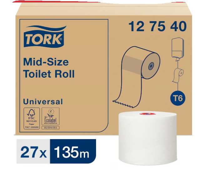 Toalettpapper Tork T6 Universal 1-lag Vit 135 m