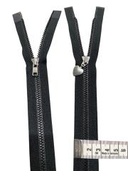 YKK Blixtlås 4mm – Delbart 2-vägs (Svart/Silver med Hjärtlöpare)