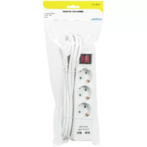 Grenuttag 3-Vägs / Usb 3M Vit Med Strömbrytare