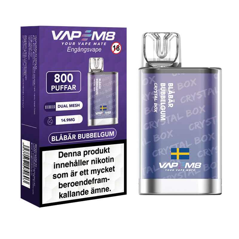 VapeM8 Crystal | Blåbär Bubblegum | ENGÅNGS VAPE