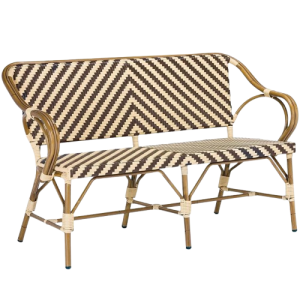 Cafébänk Paris med flätad sits i mörkbrun, bambulook, idealisk för eleganta uteserveringar