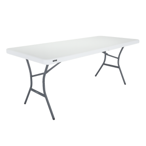 Fällbart bord från LIFETIME i uppställt läge, med vit bordsskiva och grå pulverlackerade stålben.