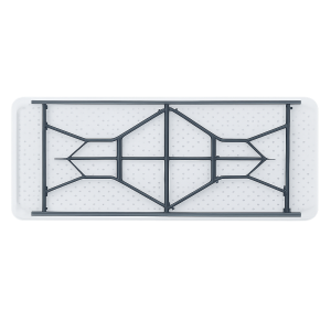 Undersidan av ett fällbart LIFETIME-bord i hopfällt läge. Visar stålram och vikmekanism på en vit plastskiva med mönstrad yta.