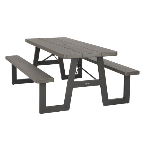 Bild av ett mörkbrunt bänkset med bord, idealiskt för trädgårdar och uteplatser. Setet kombinerar robusthet med en elegant design, lämpligt för sociala sammankomster utomhus.