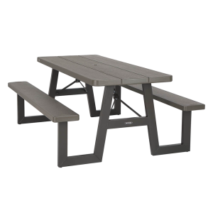 Bild av ett mörkbrunt bänkset med bord, idealiskt för trädgårdar och uteplatser. Setet kombinerar robusthet med en elegant design, lämpligt för sociala sammankomster utomhus.