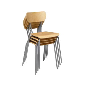 Partystolen 2, stapelbar stol med helsvetsad metallstomme och skålad sits i formpressat trä, staplade 4 st