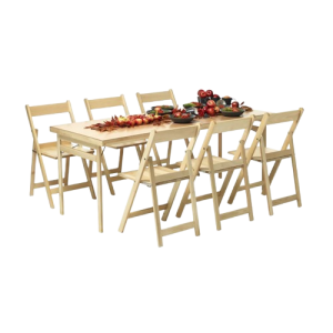 Klappstolen i trä, fällbar och bekväm, tillverkad i massiv bok, i natur, enkel förvaring i uppdukad miljö