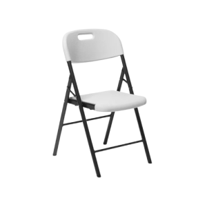 Kalasstolen, fällbar stol med vit formpressad ABS-plast och mörkgrått antirostbehandlat stålunderrede