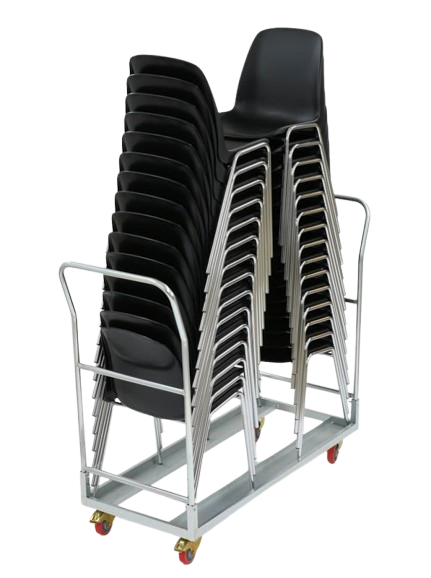 Bertram Stapelstol i svart, premiumkvalitet skalstol för stilfulla och hållbara sittlösningar, staplade på en vagn