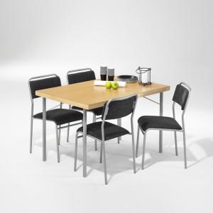 partybord med bordsskiva i bok och 4 svarta stolar