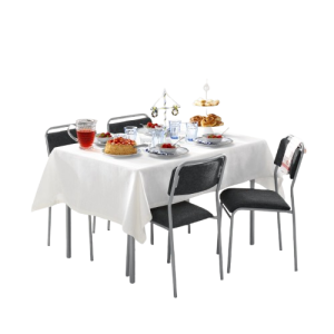 partybord med träfiberskiva uppdukat och 4 svarta stolar