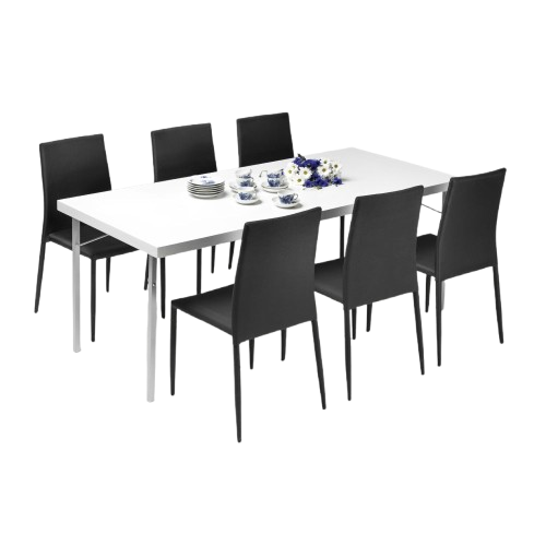 partybord med bordsskiva i vitlaminat och 6 svarta stolar