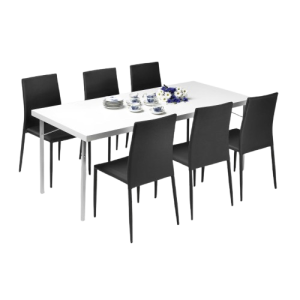 partybord med bordsskiva i vitlaminat och 6 svarta stolar