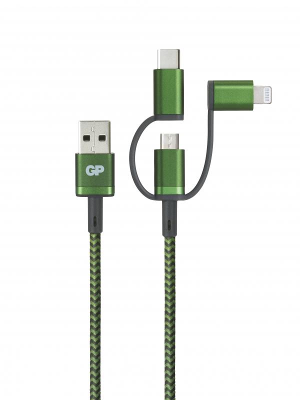 GP 3-in-1 USB-kabel CY1A, USB-C + Micro-USB + Apple Lightning (MFi) till USB-A, 1m