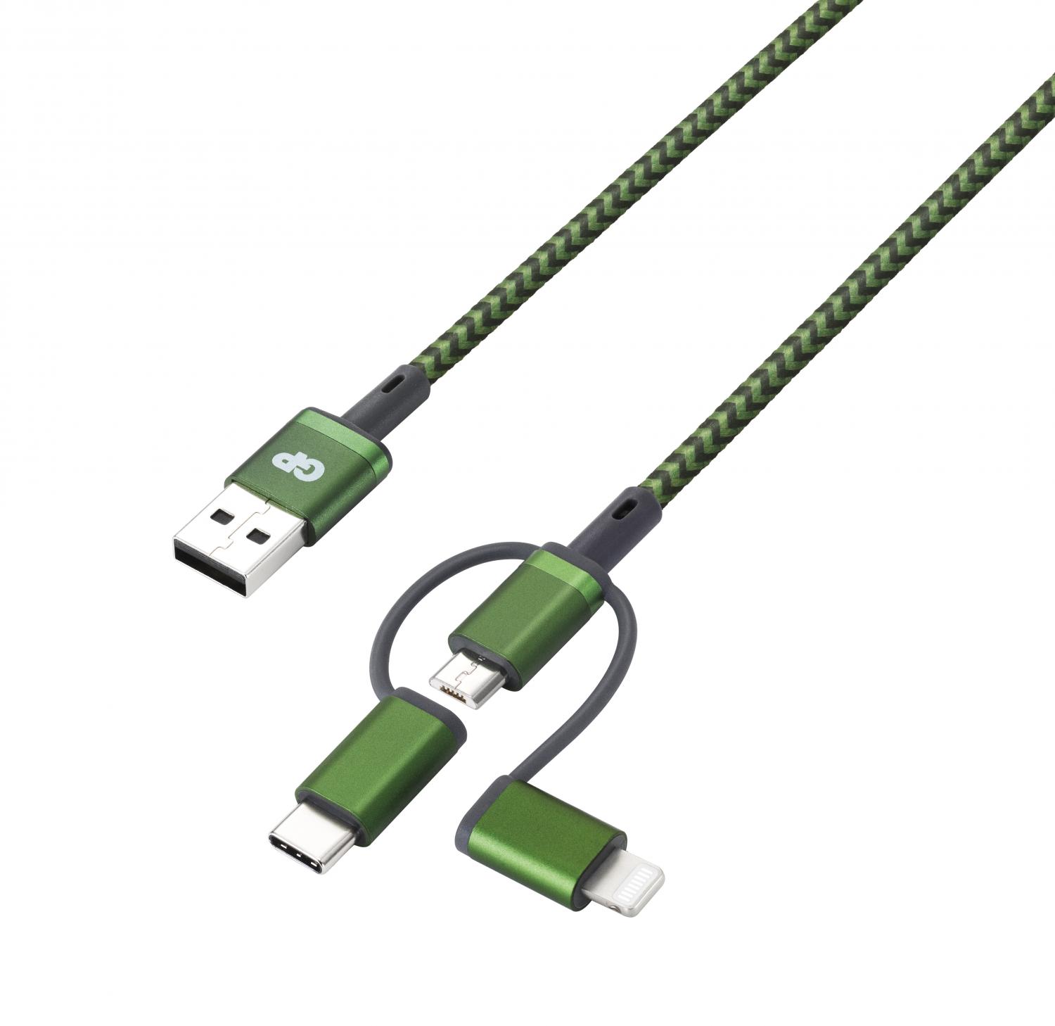 GP 3-in-1 USB-kabel CY1A, USB-C + Micro-USB + Apple Lightning (MFi) till USB-A,  1m