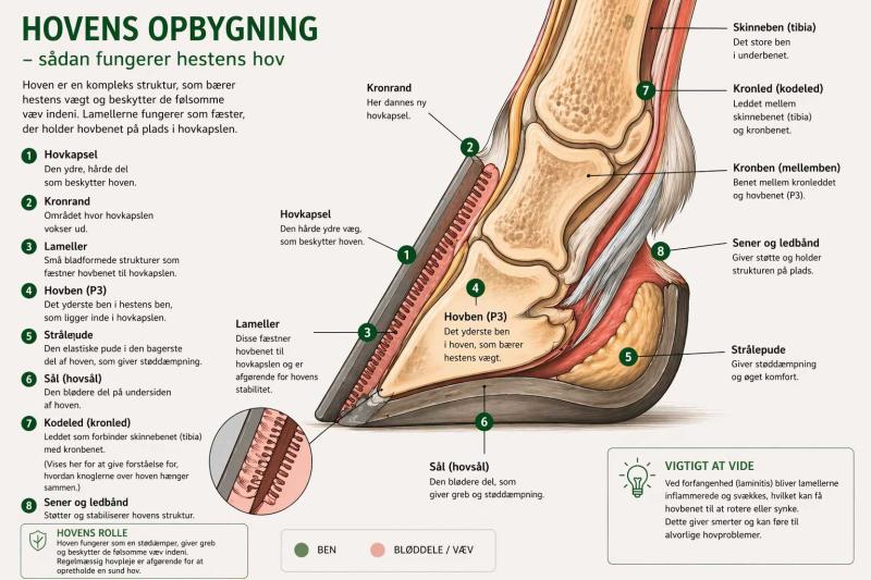 Gennemskæring af hestens hov, der viser hovben, lameller og hovens opbygning ved forfangenhed