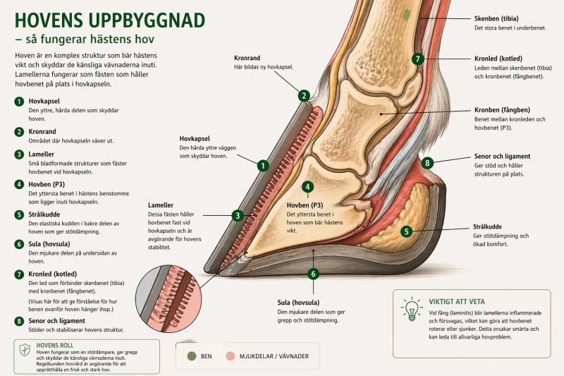 Genomskärning av hästens hov som visar hovben, lameller och hovens uppbyggnad vid fång