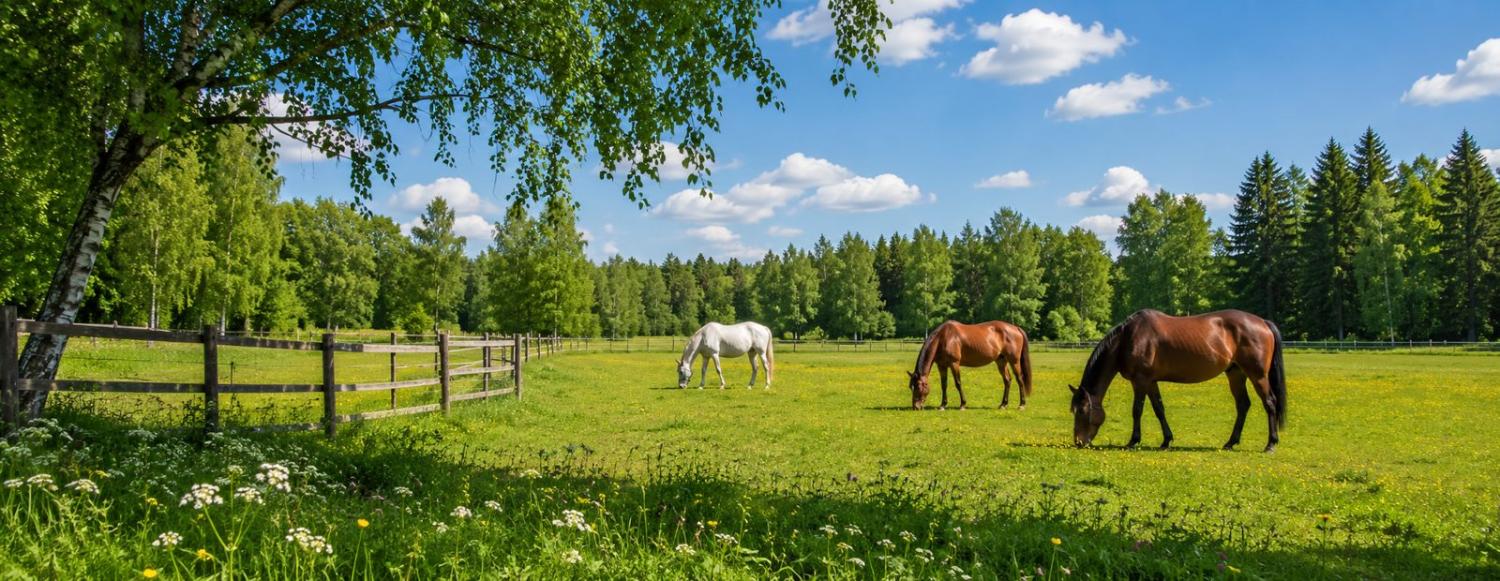 Sommarhage med betande hästar på grönt bete, trästaket och träd under blå himmel.