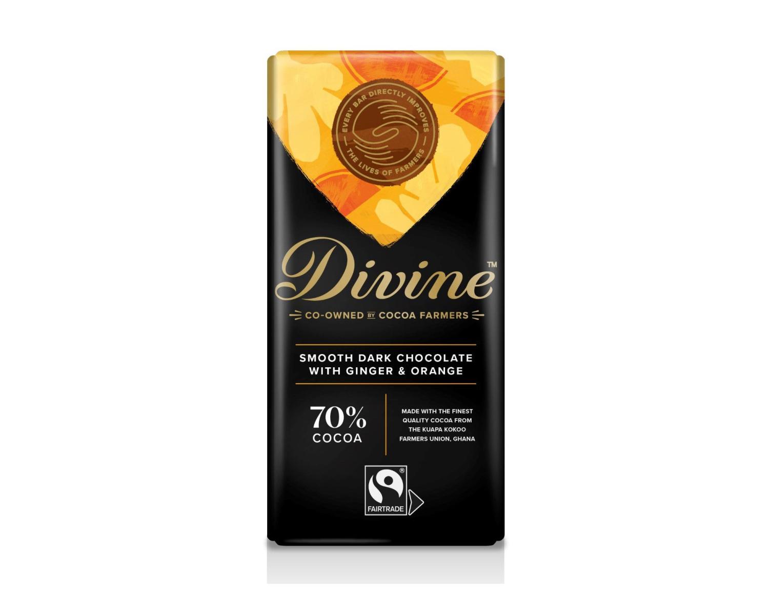 Divine 70% dark chocolate with ginger and orange 90g