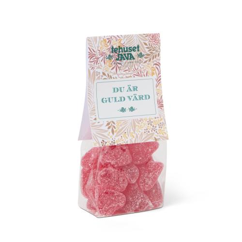 Gelehjärtan i cellofanpåse 150 gram med Morris mönster och texten "Du är guld värd".