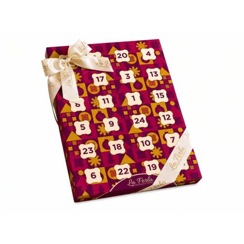 Adventskalender i rött med chokladpraliner från italien.