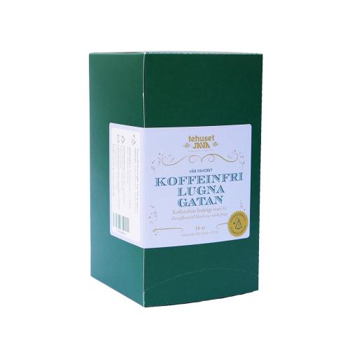 Grön låda med innehåll av tepåsar. Sorten Koffeinfri Lugna Gatan