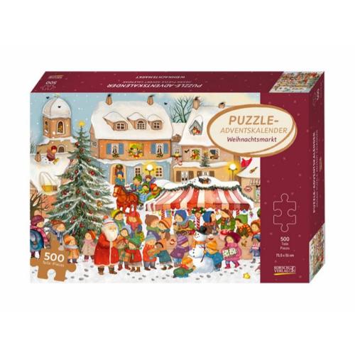 adventskalender med bitar för att göra ett pussel med juligt motiv.