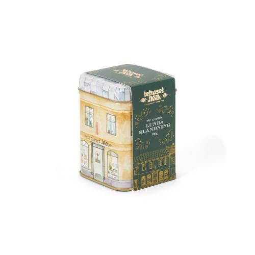 Plåtburk med motiv från Lund fylld med teet Lundablandning