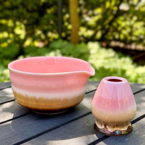 Matchaskål med pip och torkställ Rosa/Vit/Brun