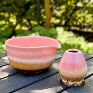 Matchaskål med pip och torkställ Rosa/Vit/Brun
