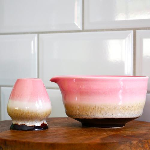 Matchaskål med pip och torkställ Rosa/Vit/Brun