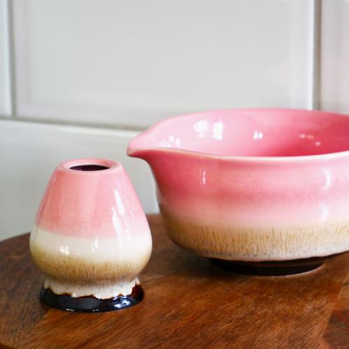 Matchaskål med pip och torkställ Rosa/Vit/Brun