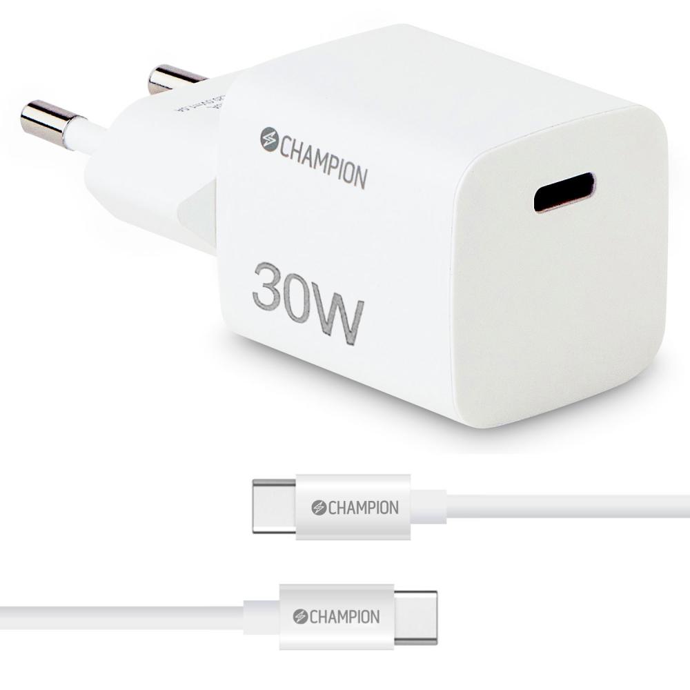 Nätladdare Champion Laddare 30W + USB-C Kabel Vit