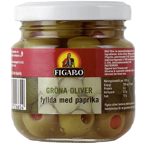 12st gröna oliver med pimentos från Figaro om 140g vardera billigt hos Kolonialvaror. Alltid bra pris på skafferivaror i storpack. Perfekt för catering storhushåll restaurang och café. Vi levererar till hela Sverige!