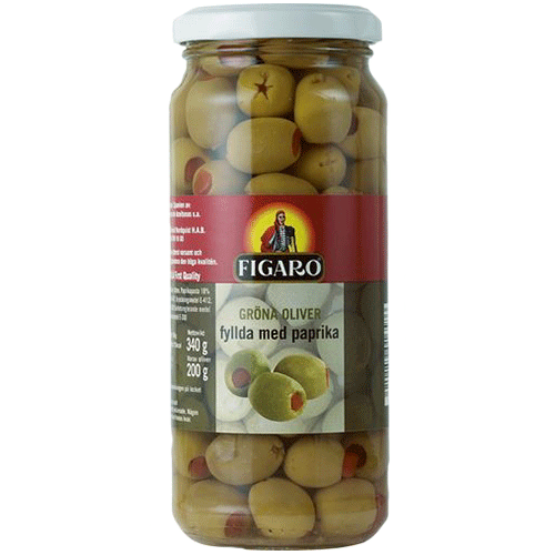12st gröna oliver med pimentos från Figaro om 340g vardera billigt hos Kolonialvaror. Alltid bra pris på skafferivaror i storpack. Perfekt för catering storhushåll restaurang och café. Vi levererar till hela Sverige!