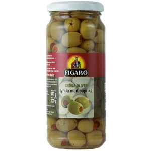 12st gröna oliver med pimentos från Figaro om 340g vardera billigt hos Kolonialvaror. Alltid bra pris på skafferivaror i storpack. Perfekt för catering storhushåll restaurang och café. Vi levererar till hela Sverige!