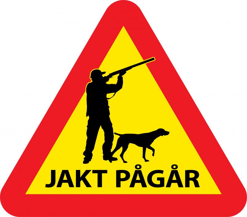 Varningsskylt jakt med jägare & hund