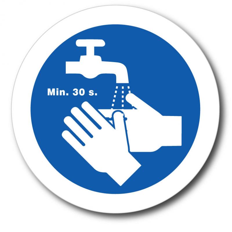 Dekal Tvätta händerna "Min. 30 s.", rund.