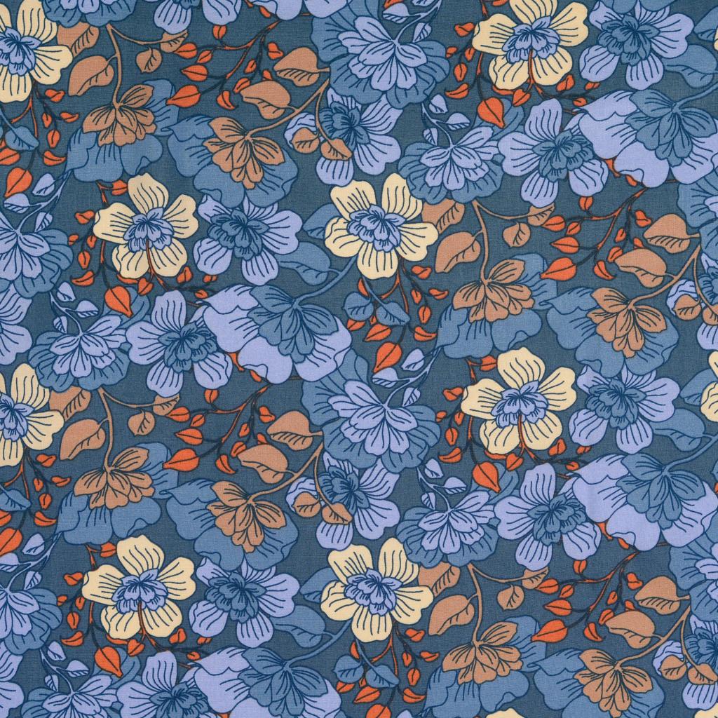 Blommigt poplintyg i blått och rost