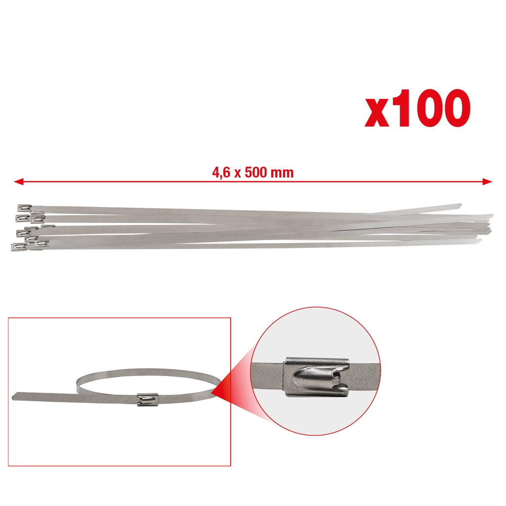 Buntband av rostfritt stål med kullås. 4.6x500mm. 100 stk