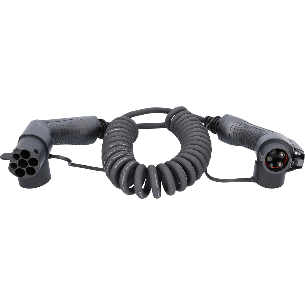 efuturo spiralladdningskabel. typ 2 på typ 1-kontakt. enfas. upp till 3.7 kW. 16 A. 230 V. läge 3. 5 meter