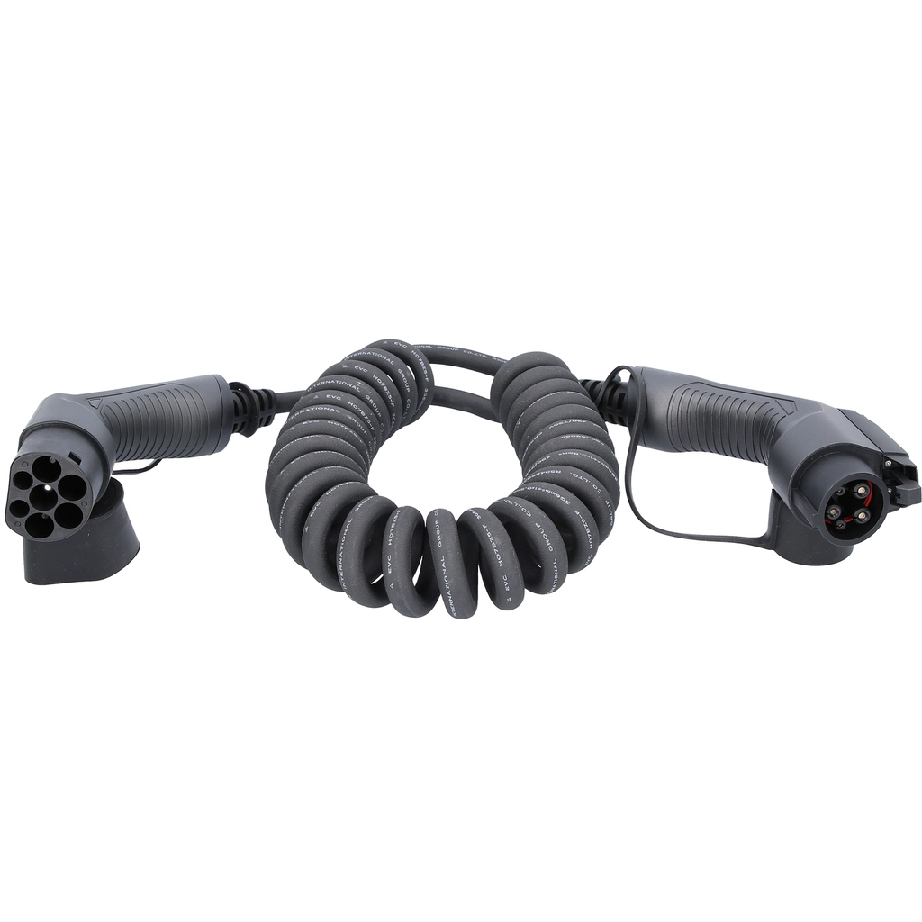 efuturo spiralladdningskabel. typ 2 på typ 1-kontakt. enfas. upp till 7.4 kW. 32 A. 230 V. läge 3. 5 meter