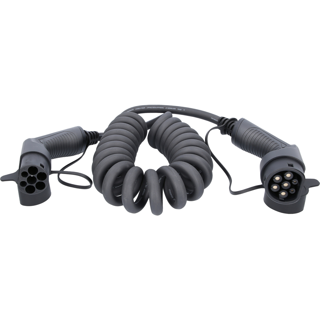 efuturo spiralladdningskabel. typ 2 på typ 2-kontakt. trefas. upp till 22 kW. 32 A. 400 V. läge 3. 5 meter