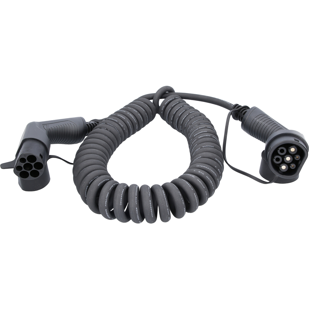 efuturo spiralladdningskabel. typ 2 på typ 2-kontakt. enfas. upp till 7.4 kW. 32 A. 230 V. läge 3. 8 meter