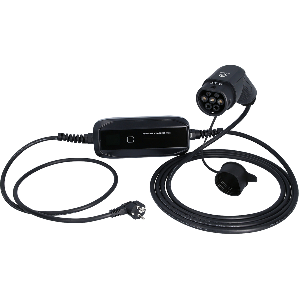 efuturo mobil laddningsstation med typ 2-laddningskabel. enfas. upp till 3.7 kW. upp till 16 A. 230 V. läge 2. LCD-display. schuko-kontakt